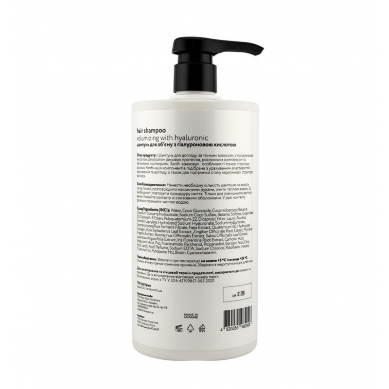 Шампунь для об'єму з гіалуроновою кислотою FULL FORCE HAIR SHAMPOO VOLUMIZING WITH HYALURONIC, 1000 ml